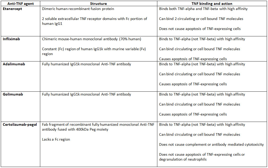 Description of structure and mechanism of action of various Anti-TNF agents.