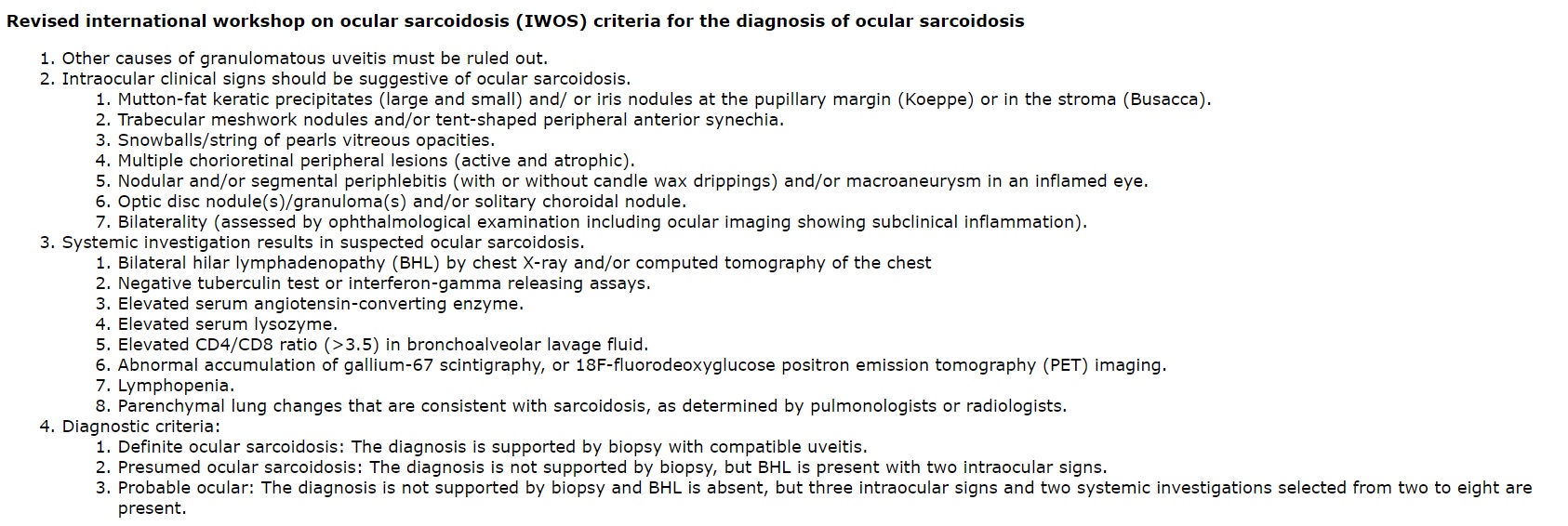 Revised criteria of International Workshop on Ocular Sarcoidosis (IWOS) for the diagnosis of ocular sarcoidosis [PMID: 307982