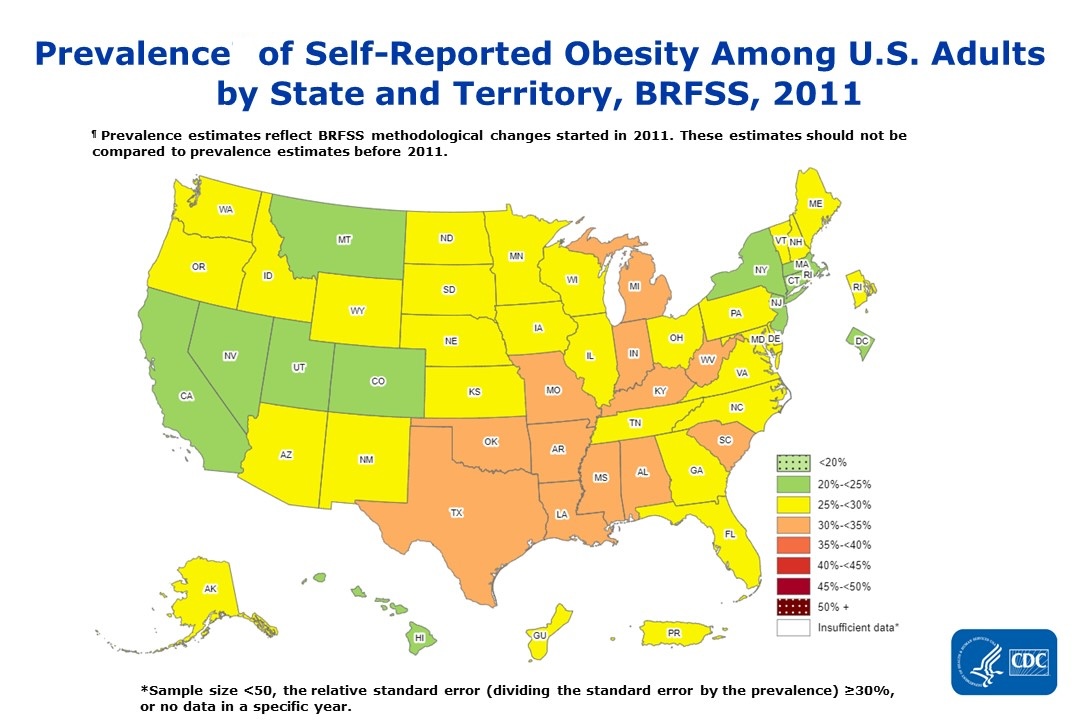 Prevalence of Self-Reported Obesity Among U.S. Adults by State and Territory, BRFSS, 2011